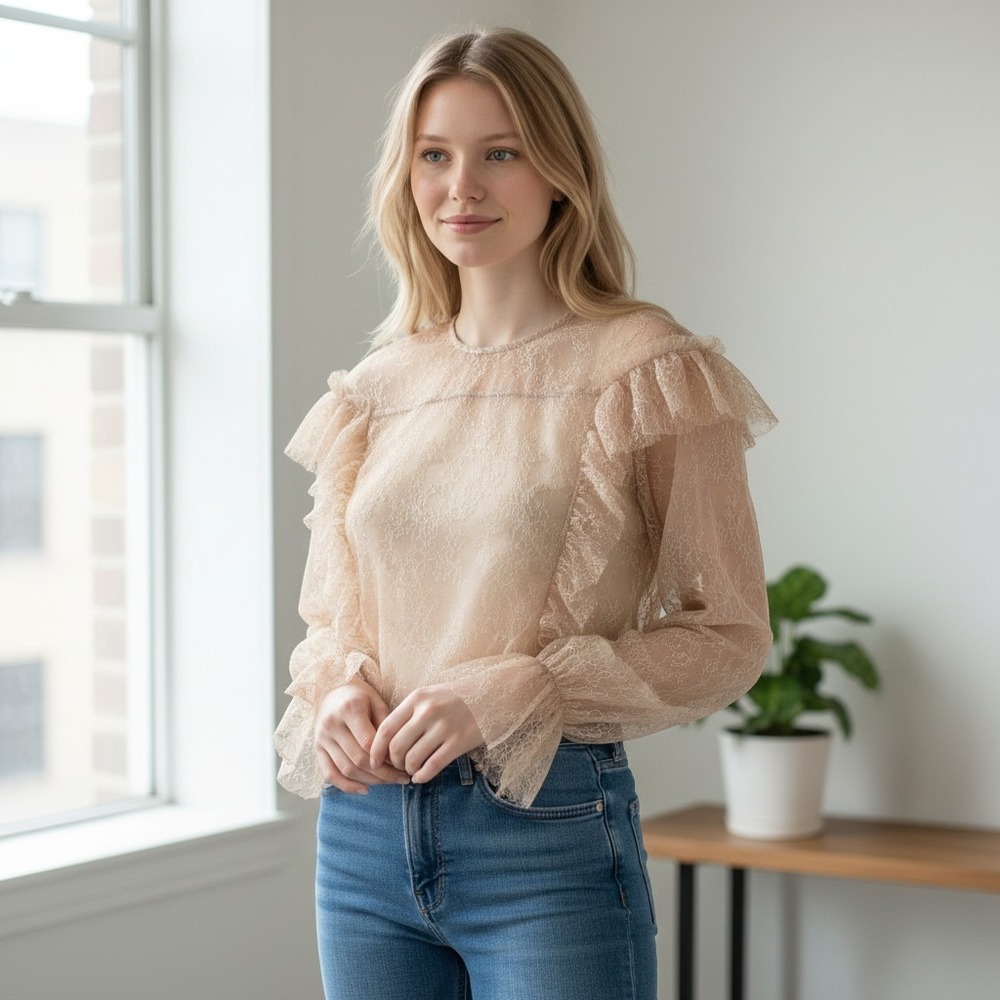 Dazzle Sheer Floral Lace Ruffle Blouse Champagne Beige Long Sleeve XS